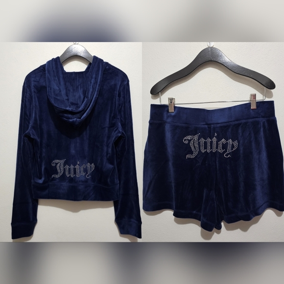 Juicy Couture Pants - Juicy Couture Navy Velour Hoodie & Shorts Set with Rhinestone Juicy Logo Sz L